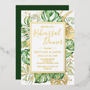 Tropical Leaves Modern Rehearsal Dinner Gold Foil Invitation