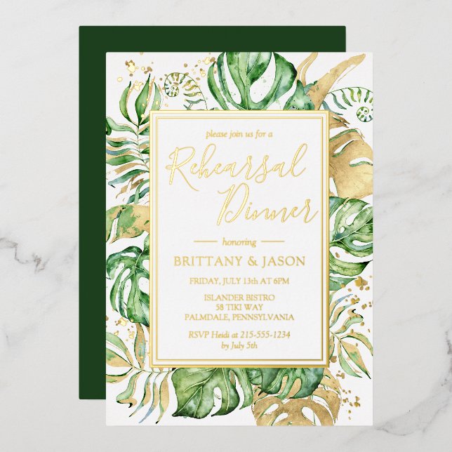 Tropical Leaves Modern Rehearsal Dinner Gold Foil Invitation (Front/Back)
