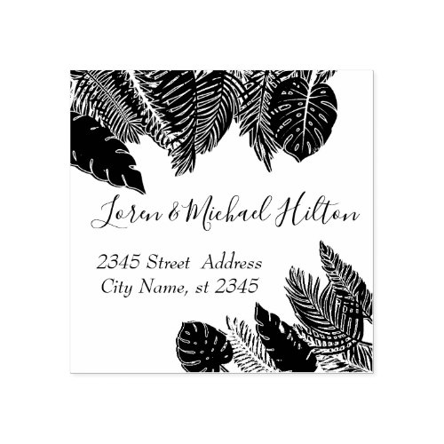 Tropical leaves modern typography return address rubber stamp