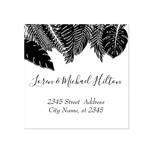 Tropical leaves modern typography return address rubber stamp