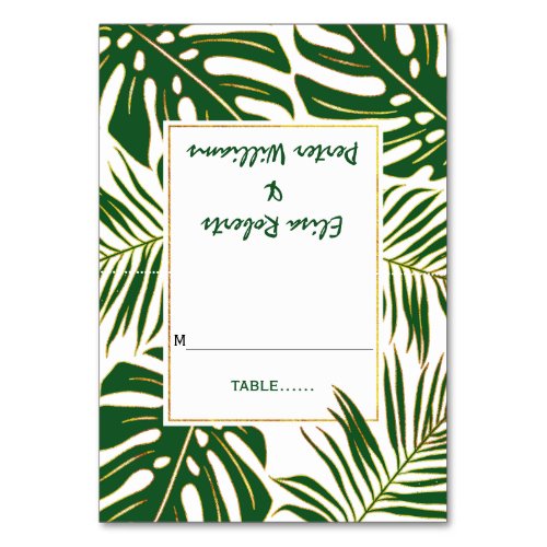 Tropical leaves modern wedding escort card