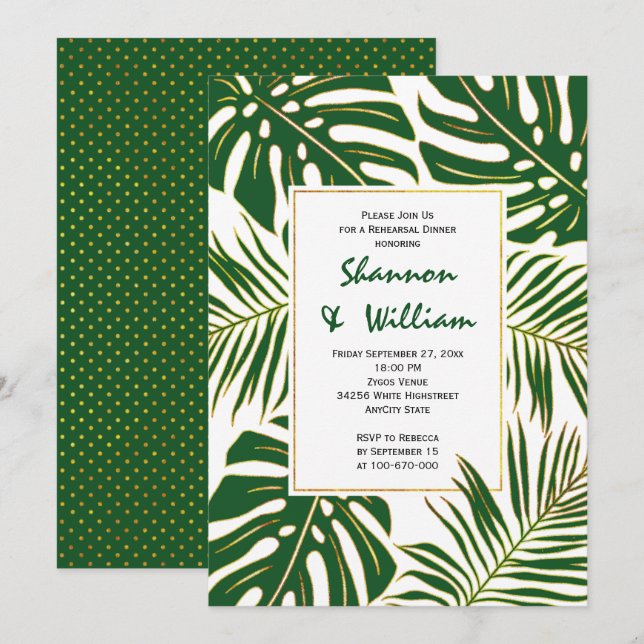 Tropical leaves modern wedding rehearsal dinner invitation (Front/Back)