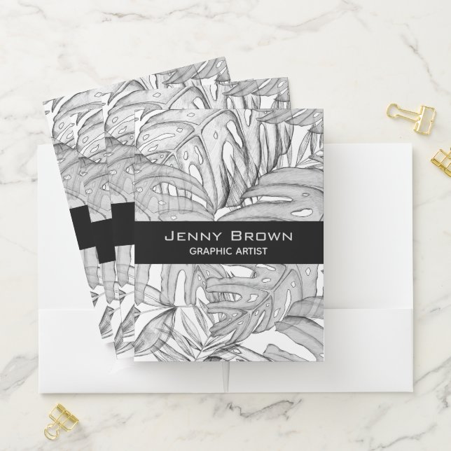 Tropical Leaves Monochrome Pocket Folder (In Situ)