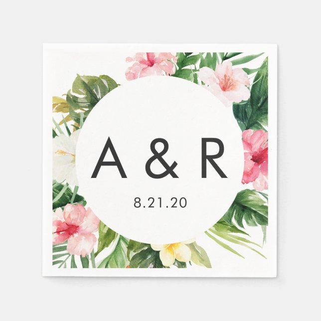 Tropical Leaves Monogram Hawaiian Wedding Napkins (Front)