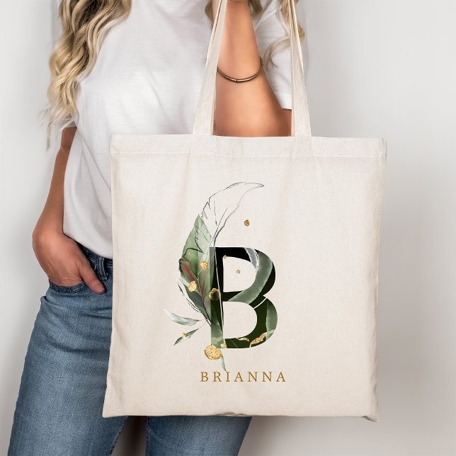 Tropical Leaves Monogram Letter "B" Personalized Tote Bag (Creator Uploaded)