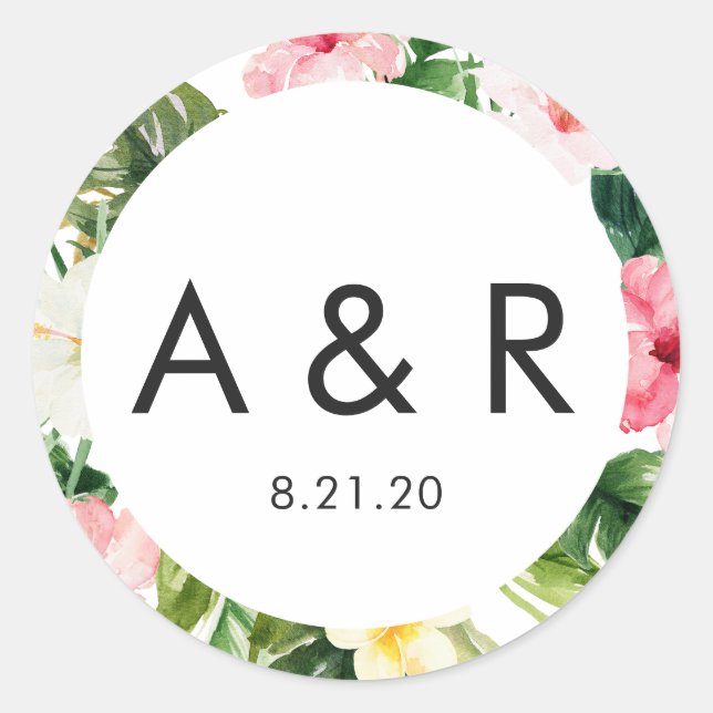 Tropical Leaves Monogram Thank You Favor Sticker (Front)