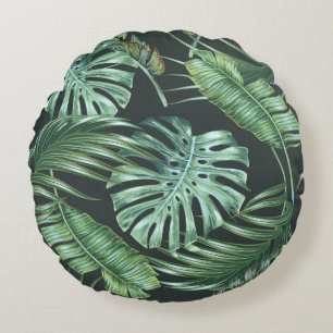 Tropical leaves, monstera, banana leaf, jungle fol round pillow