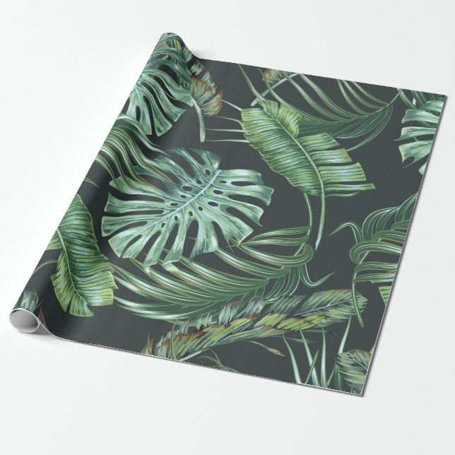 Tropical leaves, monstera, banana leaf, jungle fol wrapping paper (Unrolled)