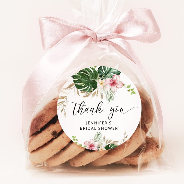 Tropical leaves, monstera bridal shower classic round sticker (Creator Uploaded)