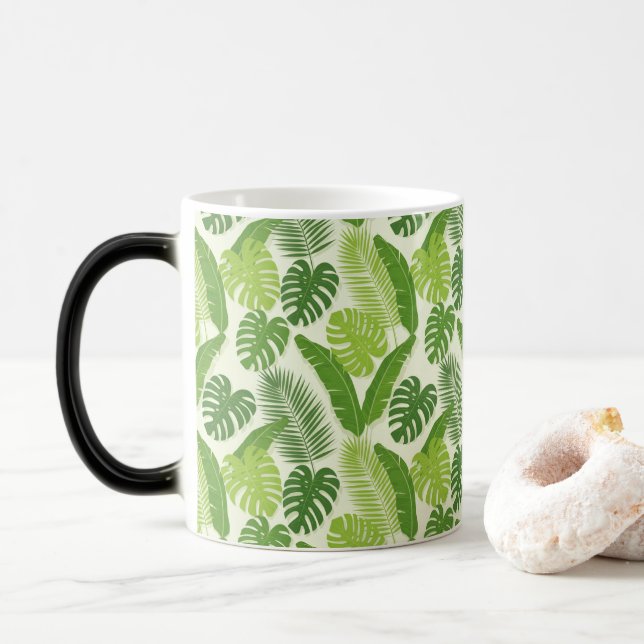 Tropical Leaves & Monstera Seamless Pattern Color Morph Mug (With Donut)