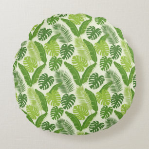 Tropical Leaves & Monstera Seamless Pattern Round Pillow