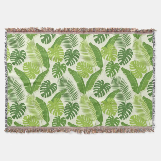 Tropical Leaves & Monstera Seamless Pattern Throw Blanket (Front)
