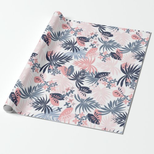 Tropical leaves Navy blush pink dusty blue Wrappin Wrapping Paper