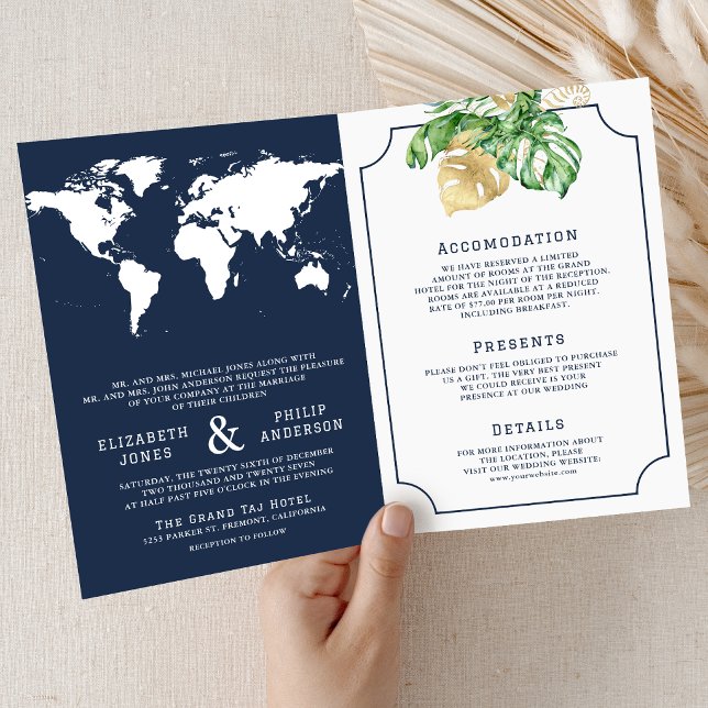 Tropical Leaves Navy World Map All in One Wedding Invitation (Creator Uploaded)