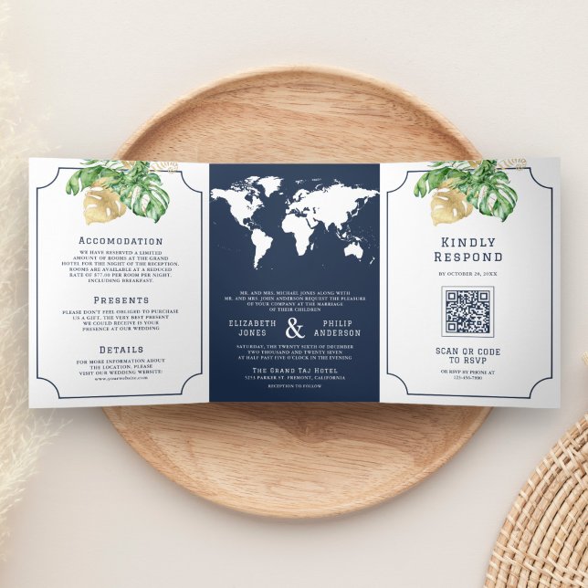 Tropical Leaves Navy World Map All in One Wedding Tri-Fold Invitation (Creator Uploaded)