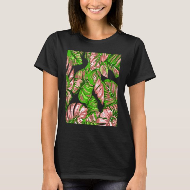 Tropical Leaves Of Banana and Monstera Pink Green  T-Shirt (Front)
