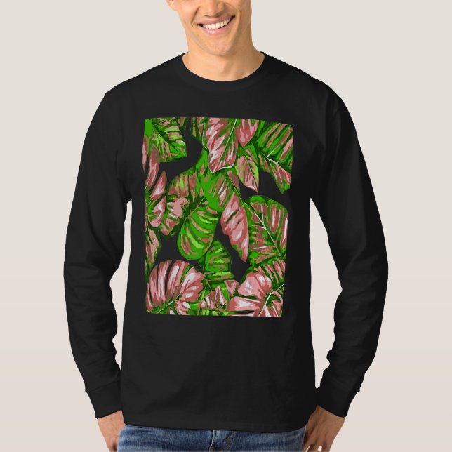 Tropical Leaves Of Banana and Monstera Pink Green  T-Shirt (Front)