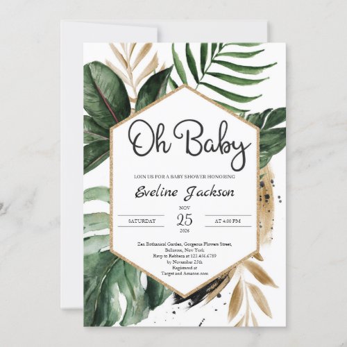 Tropical Leaves Oh Baby Shower Invitation Greenery