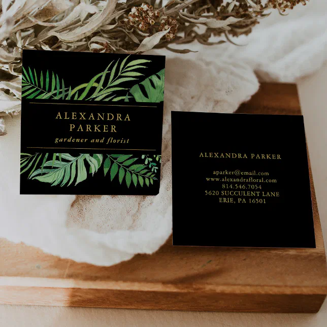 Tropical Leaves on Black with Gold Square Business Card | Zazzle