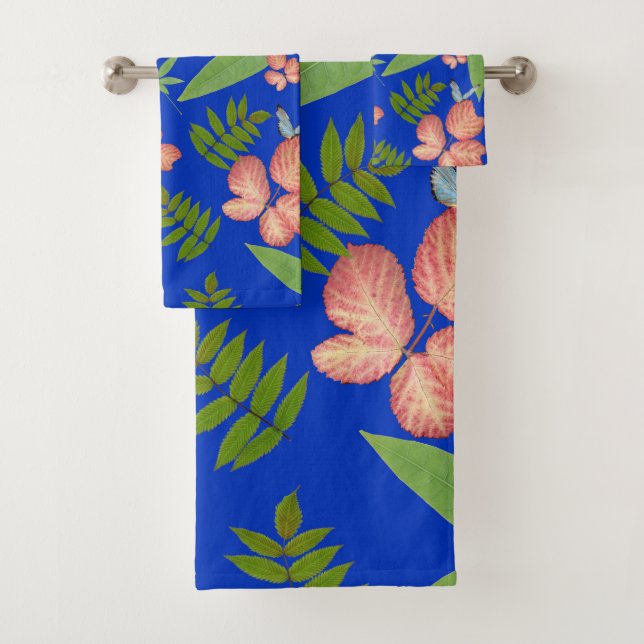 Tropical Leaves on Blue Bath Towel Set (Insitu)