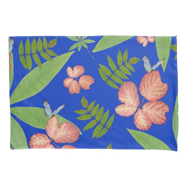 Tropical Leaves on Blue Pillow Case (Front)