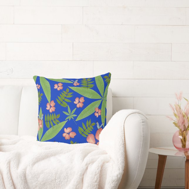 Tropical Leaves on Blue Throw Pillow (Couch)