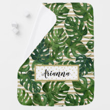 Tropical Leaves on Gold Stripe Personalized