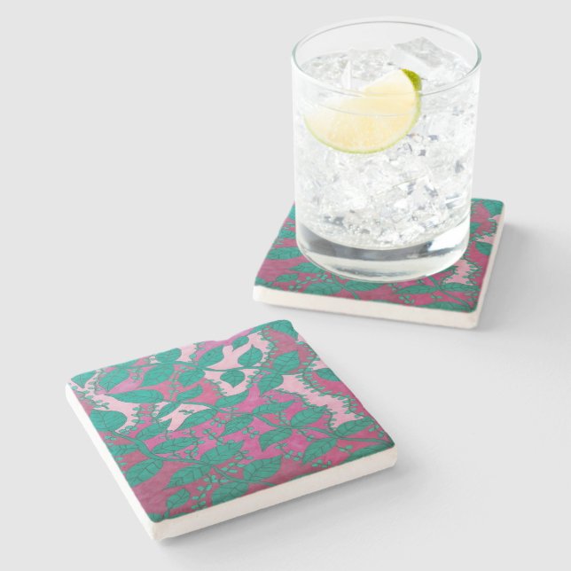 Tropical Leaves on Pink  Stone Coaster (Side)