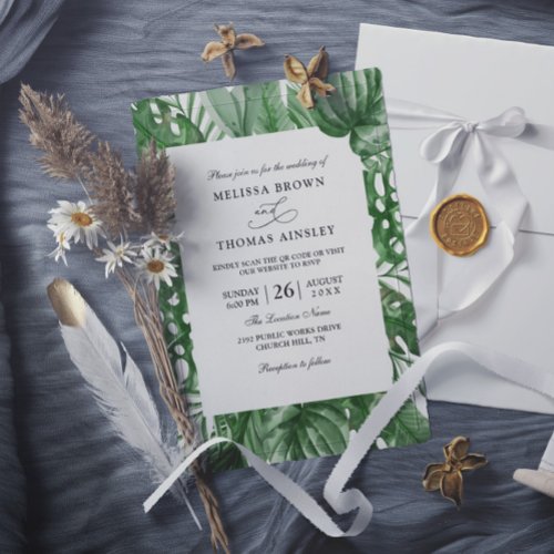 Tropical Leaves Palm Budget Qr Code Wedding Invitation