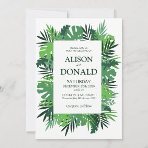 Tropical leaves palm foliage floral wedding invitation