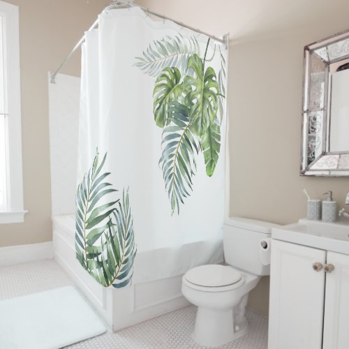 Tropical Leaves Palm Watercolor Greenery Shower Curtain