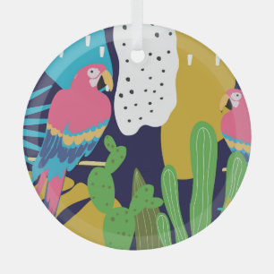 Tropical leaves, parrots: summer background. glass ornament