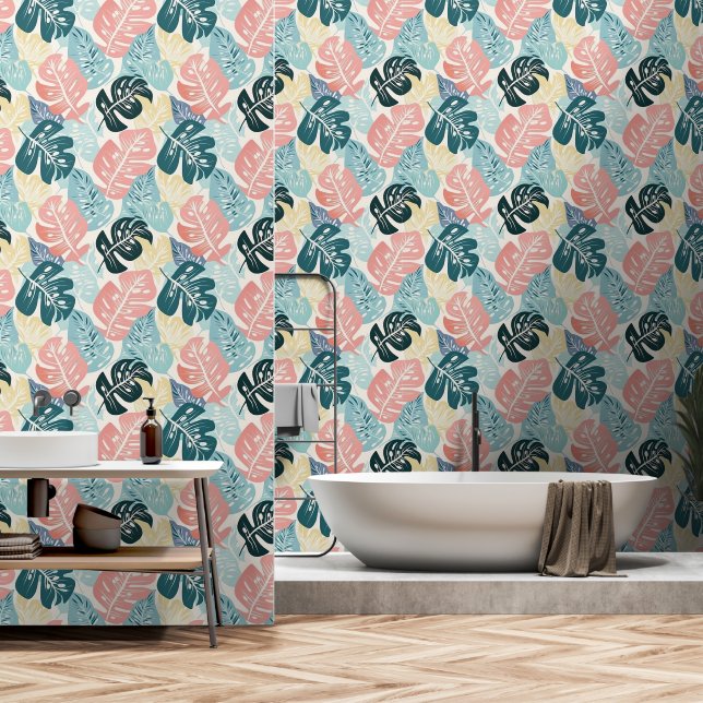 Tropical Leaves Pastel Turquoise Pink Yellow Wallpaper (Bathroom)