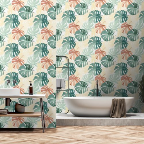 Tropical Leaves Pastel Yellow Pink Green Wallpaper