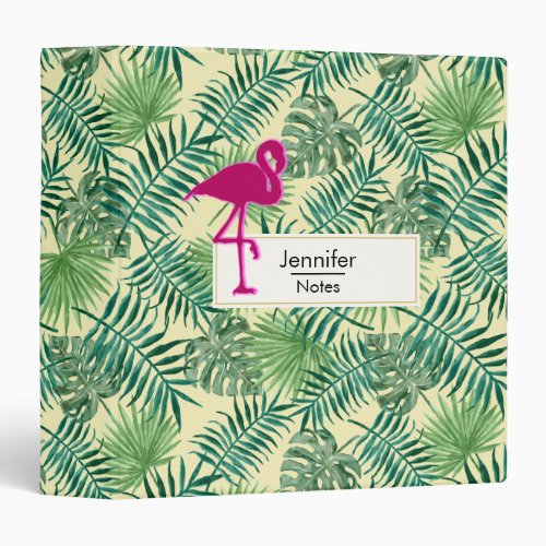 Tropical Leaves Pattern and Pink Flamingo 3 Ring Binder