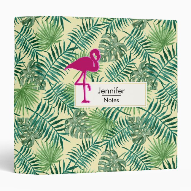 Tropical Leaves Pattern and Pink Flamingo 3 Ring Binder (Front/Spine)