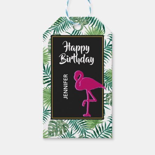Tropical Leaves Pattern and Pink Flamingo Birthday Gift Tags