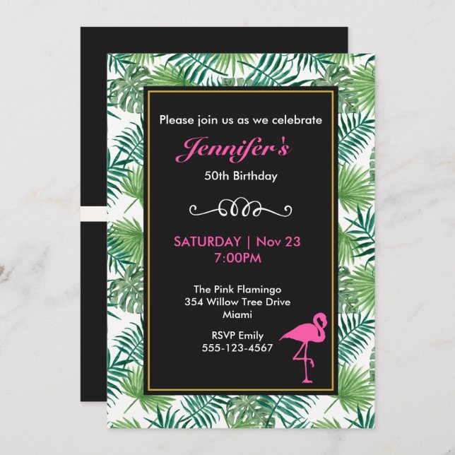 Tropical Leaves Pattern and Pink Flamingo Birthday Invitation (Front/Back)