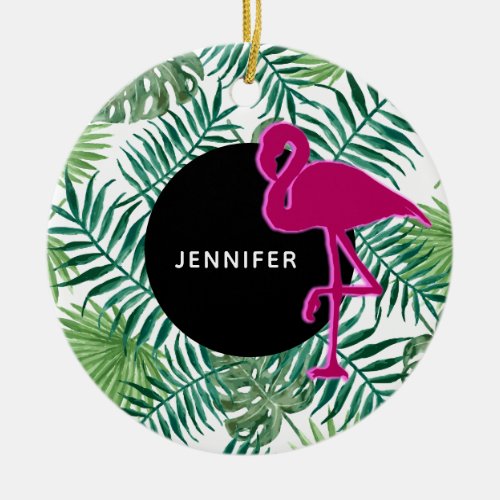 Tropical Leaves Pattern and Pink Flamingo Ceramic Ornament