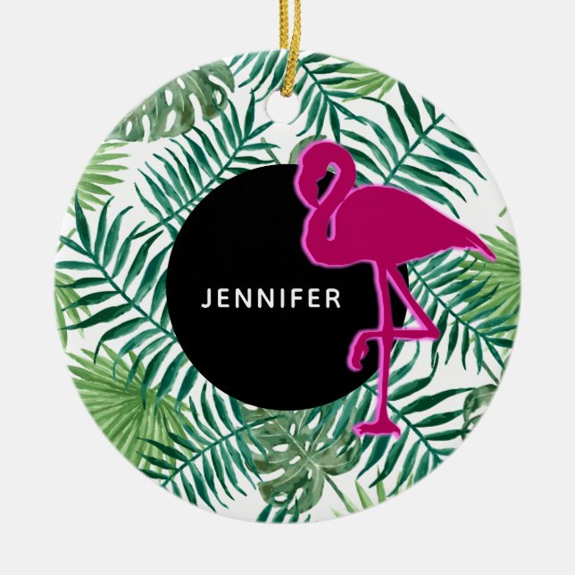 Tropical Leaves Pattern and Pink Flamingo Ceramic Ornament (Front)