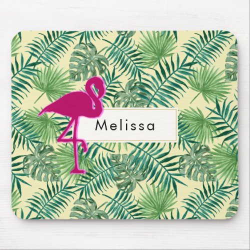 Tropical Leaves Pattern and Pink Flamingo Custom Mouse Pad