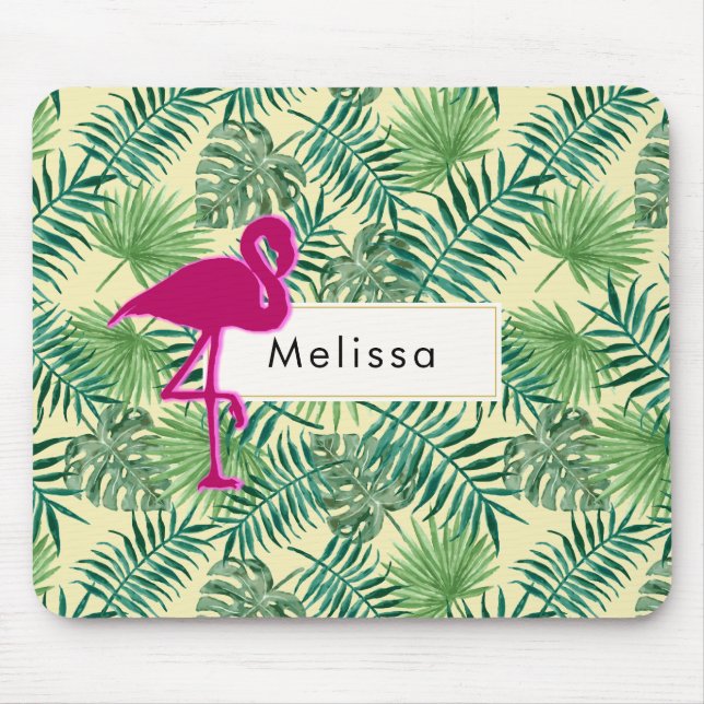 Tropical Leaves Pattern and Pink Flamingo Custom Mouse Pad (Front)
