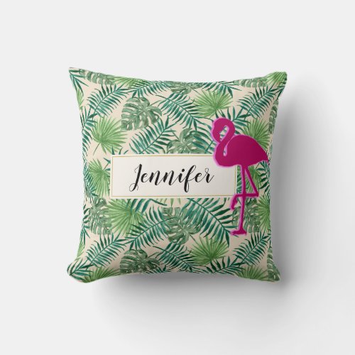 Tropical Leaves Pattern and Pink Flamingo Custom Throw Pillow