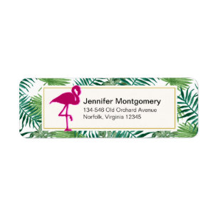 Tropical Leaves Pattern and Pink Flamingo Label