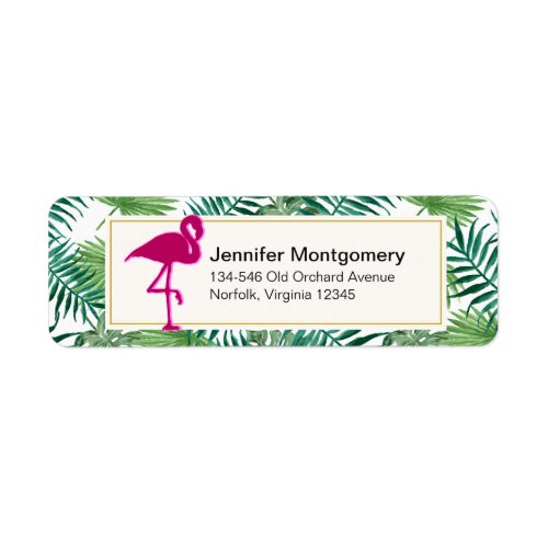 Tropical Leaves Pattern and Pink Flamingo Label
