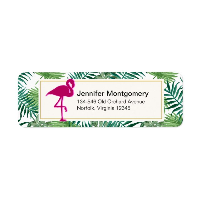 Tropical Leaves Pattern and Pink Flamingo Label (Front)