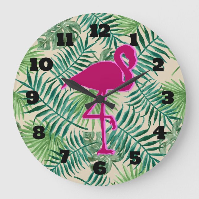 Tropical Leaves Pattern and Pink Flamingo Large Clock (Front)