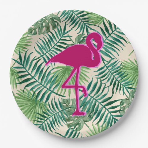 Tropical Leaves Pattern and Pink Flamingo Paper Plates