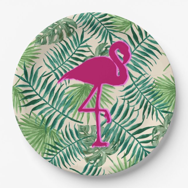 Tropical Leaves Pattern and Pink Flamingo Paper Plates (Front)