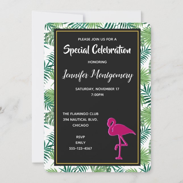 Tropical Leaves Pattern and Pink Flamingo Party Invitation (Front)